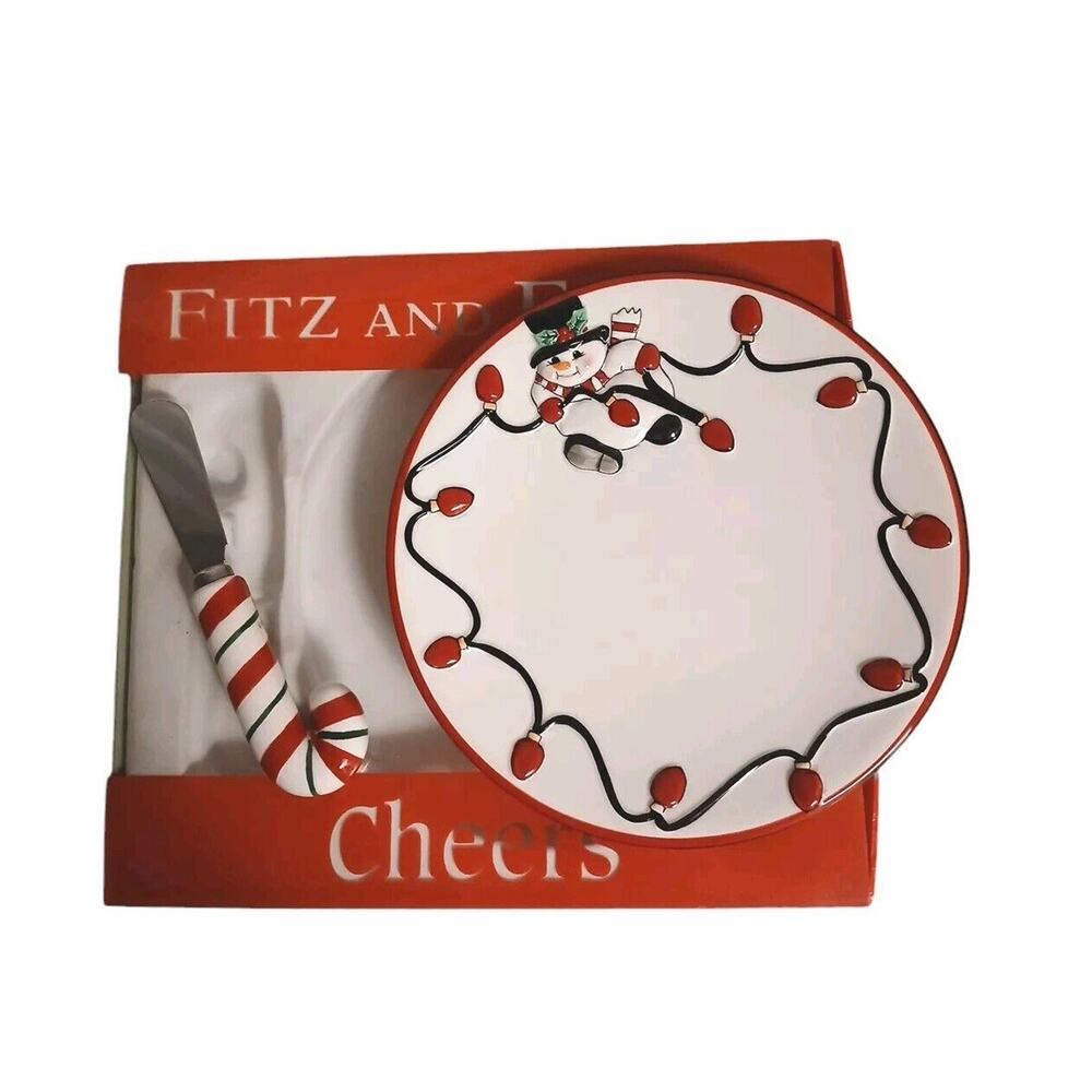 Fitz and Floyd Cheers Snowman Snack Plate w Candy Cane‎ Knife Spreader Christmas